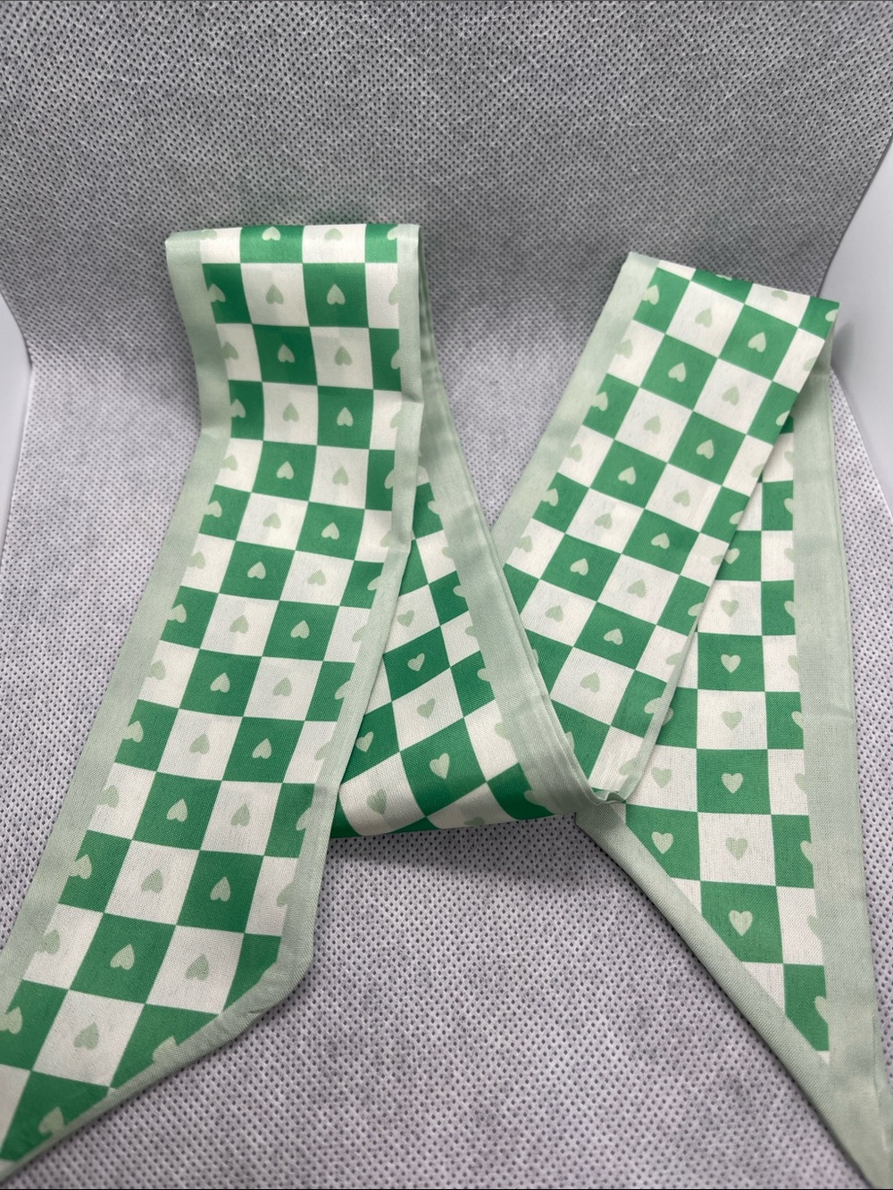 Green and White Checkered Heart Twilly Scarf